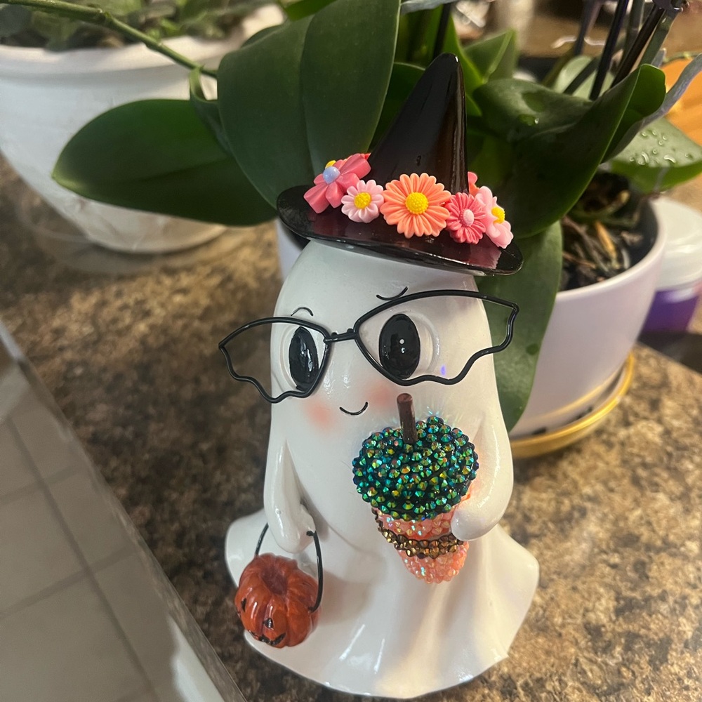 Cute Ghost Figurine with Witch Hat and Flowers with blinged Starbucks cup.